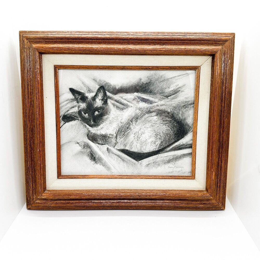 Vintage Siamese Cat Drawing Framed Nancy Plaiting Wall Art